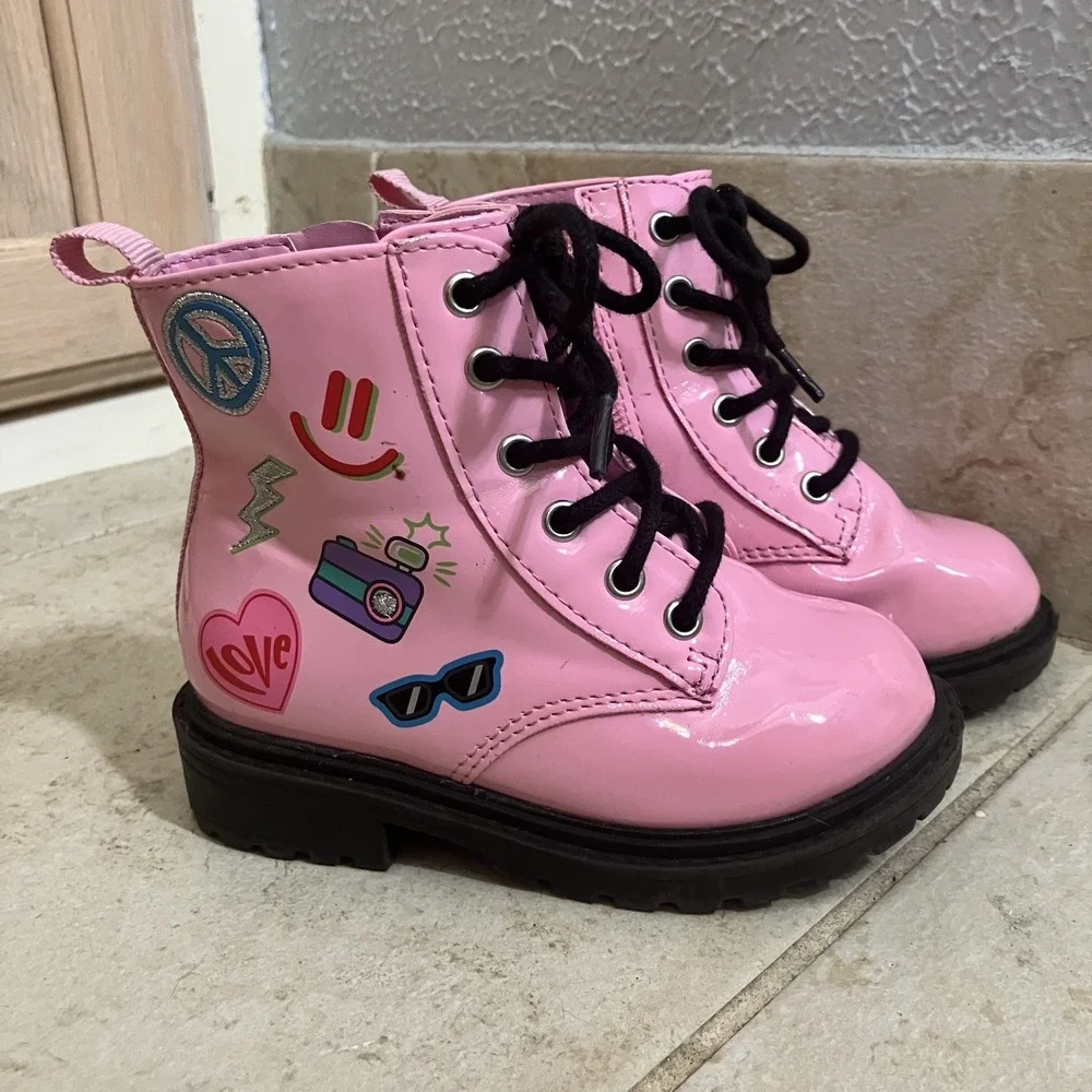 Wonder‎ Nation Pink/black Round Toe Lace Up & Zip Ankle Boots Kids Size 7